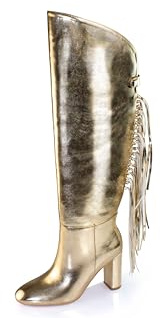 iadore Women's High Heel Fringe Boots Round Toe Fashion Knee High Boots with Tassels Chunky Block Heel Pull On Long Boot for Women Gold 8 US