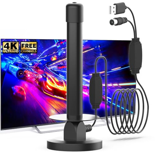 Indoor TV Aerial with Signal Booster – Digital Freeview HD Aerial for Smart TV – 360° Reception, Supports DVB-T2/4K/Full HD – Slim Indoor TV Antenna with 5M Coax Cable