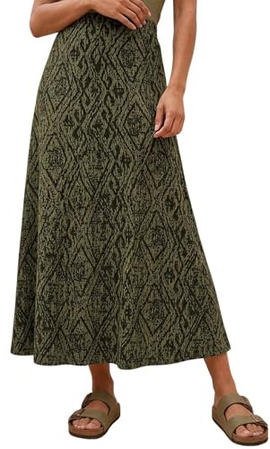 Roman Jersey Skirt for Women UK - Ladies Midi Maxi Floral Animal Print Autumn Winter Swing Smart Casual Office Cocktail Party Going Out Evening Holiday Cruise - Khaki - Size 16