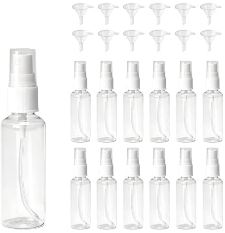 CxutSa 12 Piezas Bote Spray Plástico Transparente 50ML Atomizador de Viaje Pulverizador Pequeño para Aceites Esenciales, Limpieza, Perfume Cosméticos con 12 Embudos 16 Etiquetas