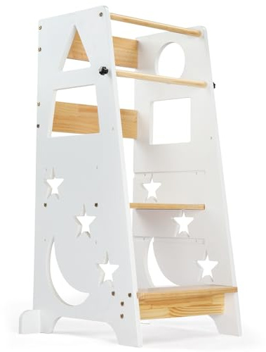 Bonnlo Learning Tower Adjustable Height, Toddler Standing Tower, Montessori Kitchen Helper 40x45x90cm, 3 Levels Adjustable Kids Learning Stool, White