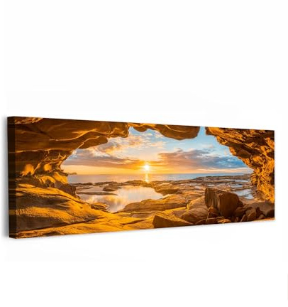 MuchoWow© Wandbilder Wohnzimmer XXL Wanddeko Panorama Zimmerdeko | 150x50 cm - Wandgemälde Zimmer Deko auf Wand Dekoration Wall Art Großes Bild Höhle - Meer - Horizont - Sonnenuntergang