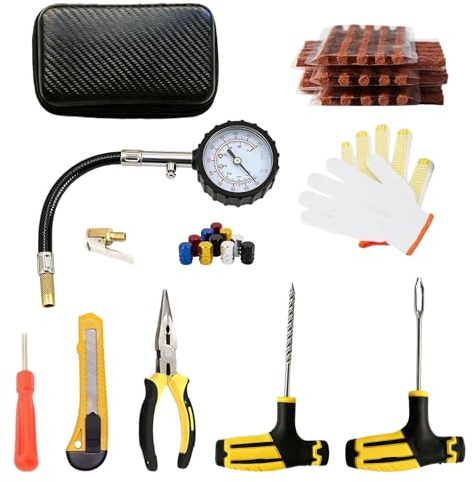 GOMETY Kit de Réparation de Pneus, Kit de Réparation Automobile Tubeless, Kit de Réparation Universel pour Pneus, Kit de Mèches et de Rustines avec Produit D'étanchéité pour Camions, Motos et Vélos