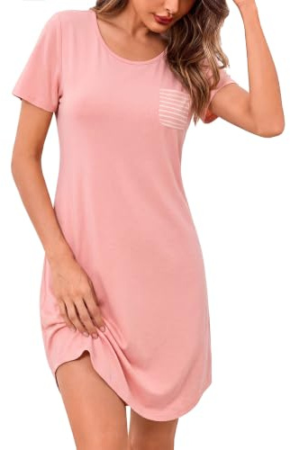 Bresdk Nightdresses for Women UK Short Sleeve Ladies Nighties Casual Nightshirt Nightdress Summer Crew Neck Nightwear Loungewear with Striped Pocket