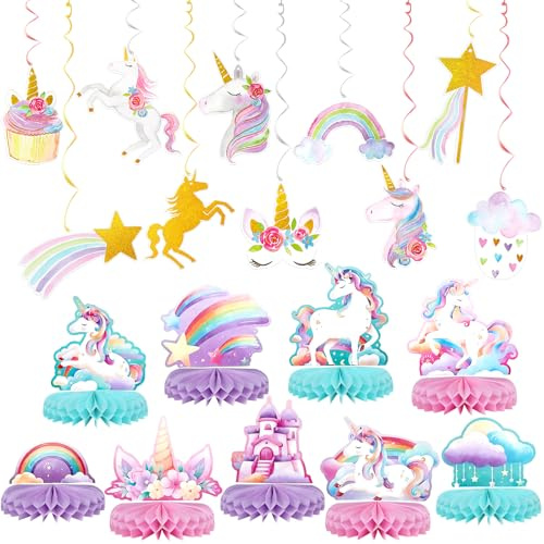Einhorn Kindergeburtstag Deko Set, Tischdeko Geburtstag mit Spiral Aufhängedekor & 3D Honeycomb Tischdekoration, Einhorn Deko für Geburtstag, Kinderparty, Babyparty, Mottoparty