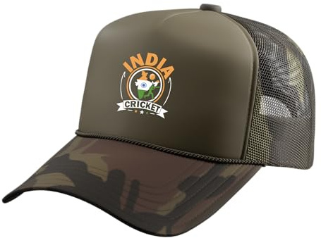 India Cricket Player Cricketer Bat and Ball Sport Lover Trucker Hat with Adjustable Mesh Back, Camo Green
