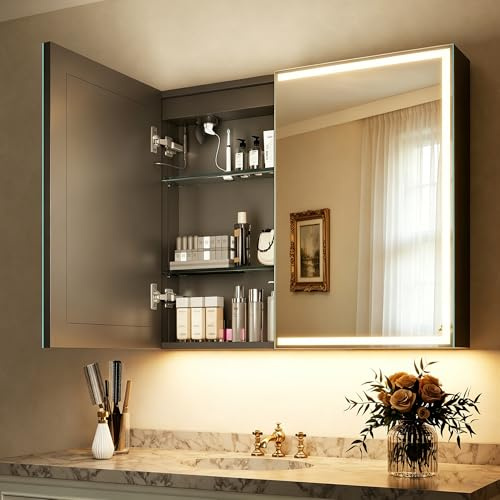 S'bagno Spiegelschrank Bad Mit Beleuchtung 60x80cm, Badezimmer Spiegelschrank, Aluminium Alibertschrank Bad mit Steckdose, Entfoggen, 3 Farben, Dimmbar, Speicherfunktion, HD Gehärtetes Glas, IP44