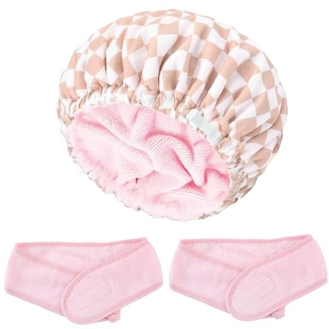 ZEMINRI 3 Stück Duschhaube & Haarbänder Badehaube Damen(Braun & Rosa) | Verstellbar zweilagige wasserdichte abschmink haarband kosmetik weich shower cap bequem und passgenau waschhut