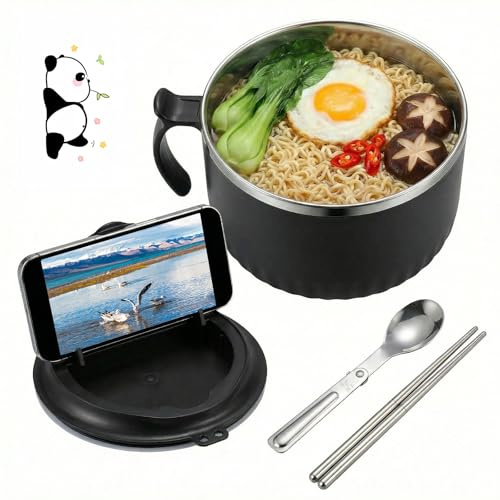 1.6L Rapid Ramen Bowl with Filterable Lid, Stainless Steel Noodle Bowls with Spoon Chopsticks & Cartoon Stickers ,Portable Ramen Cooker with Handle Dishwasher Safe for Office College Dorm(black)