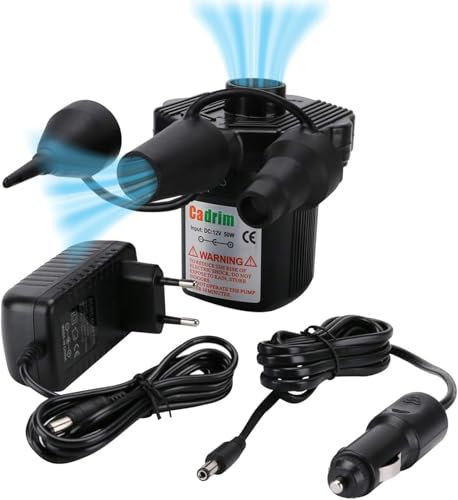 Cadrim 2 in 1 Elektrische Luftpumpe, Elektropumpe inkl 3 Aufsätze für Luftmatratzen, Schlauchboote, Gästebetten, aufblasbare Schwimmtiere Camping Automatisches schnelles Auf- und Abpumpen (Schwarz)