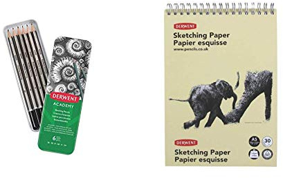 Derwent Academy Graphite Sketching Pencils, Set of 6, Tin Box, 6B-5H Degrees, 2301945 &A5 Portrait Sketch Pad - 30 Sheets