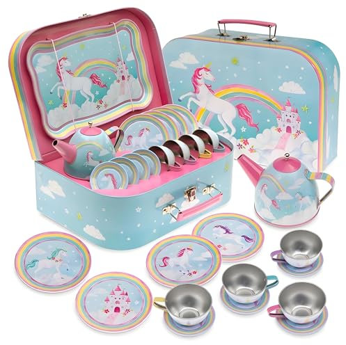 Jewelkeeper 15 Piece Kids Party Tin Tea Set for Toddlers - Kids Pretend Toy Tin Tea Set & Carrying Case - Rainbow Unicorn tea sets for girls - unicorn gifts for girls