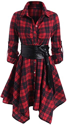 OLIPHEE Femmes Manches Longues Ceinturé Une Robe à Carreaux Chemise En Ligne Casual Tunique Robe(Rouge,L)