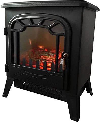 Marco Paul 1850W Black Free Standing Electric Fireplace with Real Flame Effect Multiple Heat Settings and Thermostat Low Energy Silent Mains Powered Heater for Home Living Room or Bedroom