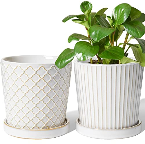 LE TAUCI Blumentopf Keramik, 13.5 cm Blumentopf für Zimmerpflanzen, Übertopf Keramik mit Abflussloch und Untersetzer, Übertopf für Sukkulenten, Bogenhanf und Kakteen, 2er-Set, Reaktive Glasur Weiß