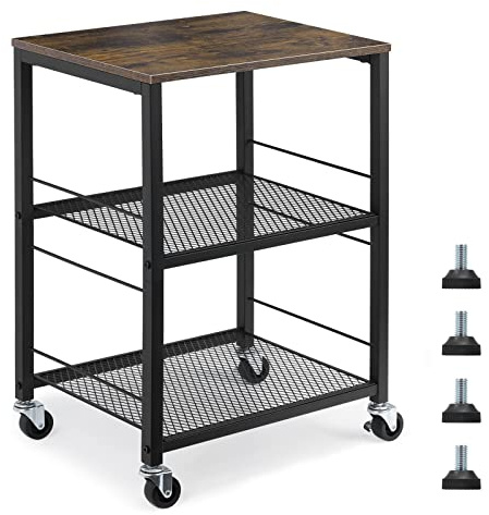 MOOACE Rustic 3 Tier End Table with Wheel, Side Table Nightstand Storage Shelf for Bedroom Kitchen Living Room and Office, Stable Metal Frame, Wood Top, Easy Assembly - Brown&Black