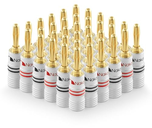 Nakamichi 24K vergoldeter Bananenstecker 8 AWG - 16 AWG Gauge Größe 4mm für Lautsprecher Verstärker Hi-Fi AV Receiver Stereo Heimkino Audiokabel Stecker schraubbar 36 Stück (18-Paare)