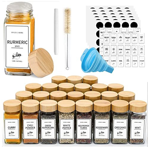 Yibaodan 25 Spice Jars with Labels And Bamboo Lids, 4OZ , Glass Spice Containers with Shaker xLids Seasoning Jars Bottles with 120 Labels for Spice Rack Cabinet Drawer