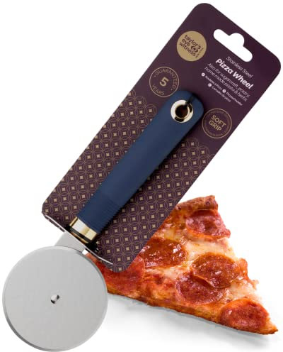 Steel Pizza Cutter Wheel Tool - Sturdy Stainless Steel Construction. Razor Sharp Pizza Slicer, Soft Grip Handle with Safety Finger Guard. Good for Pastry, Pasta, Dough. 5yr Guarantee, Blue and Gold