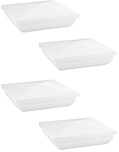 QWORK Vinyl Fence Post Cap, 4 Pack 5 x 5 PVC Square Fence Post Top Cover, New England Pyramid Style, for Mailbox, Lamp Post, Deck, Dock, Piling Caps, White