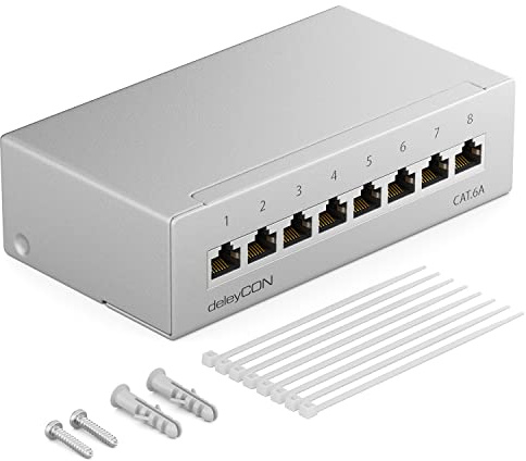 deleyCON CAT 6a Patchpanel Verteilerfeld 8 Port 1 HE RJ45 - Lichtgrau | Desktop & Wandmontage, geschirmt, 8x RJ45 Buchse, LAN Netzwerk Verlegekabel, TIA568A TIA568B, RAL 7035