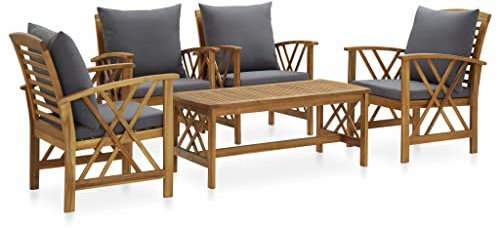 Hommdiy 5-TLG. Garten-Lounge-Set Akazienholz Massiv Gartenmöbel Lounge Bank Stuhl Tisch Gartenset Sitzmöbel Sitzgruppe Gartenbank Beistelltisch Gartengarnitur, Mit Kissen Grau
