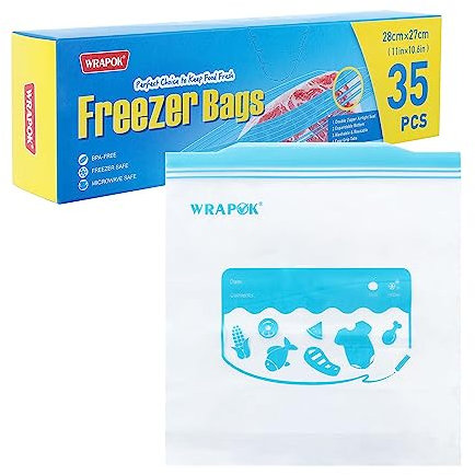 WRAPOK Zip Lock Freezer Bags Large Food Bag Plastic Ziplock Storage Reusable Bag for Kitchen, 11 x 10.6 Inch - 35 Count