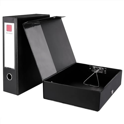 Srvnpioy Schwarz Aktenboxen A4, 2 Stück, 88 mm Rücken, Foolscap Archivboxen mit Verschlussfeder, A4 Foolscap Dokumentenbox aus Kunststoff für Büro, Schule oder Archivraum
