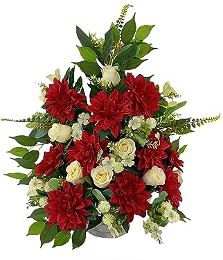 DRW Kunstblumenzentrum Friedhof, Heilige, Kirchen, Jahrestage, Zeremonien, weiße und rote Hochzeiten mit roten Dahlien und weißen Rosen, 65 x 60 x 35 cm