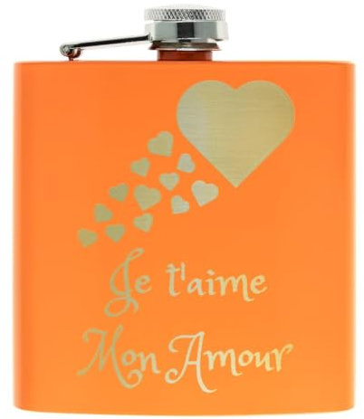 Petaca de acero naranja grabada personalizada - Petaca de whisky naranja con texto grabado - Petaca de acero inoxidable naranja brillante de 180 ml