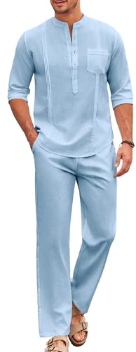 COOFANDY Men 2 Piece Linen Outfit Casual Button Down Henley Shirts Beach Yoga Pants Sets Guayabera Linen Suit