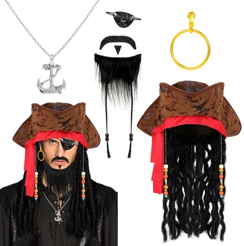 Hifot Piraten Accessoires Herren Damen Piratenhut mit Piraten Perücke Augenklappe Pirat Schmuck Fake Bart Piraten Kostüm Zubehör Erwachsene für Halloween Fasching Karneval Kostüm Accessoire