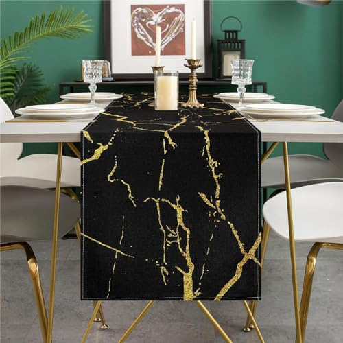 Frühlings Tischläufer Modern Tischläufer Leinen Sommer 33 x 183 cm Schwarzer Marmor Goldene Textur Abstrakte KunstTischdecke für Esstisch Party Hochzeit Ostern Wohnzimmer