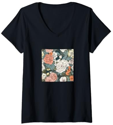 Damen Begonie Floral Blumen Muster Grafik T-Shirt mit V-Ausschnitt