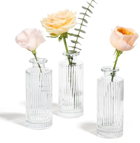 ComSaf Glass Bud Vases Set of 3, Small Flower Vases in Bulk, Clear Vintage Vases for Centerpieces, Mini Ribbed Vases for Table Decorations, Wedding, Party, Receptions, Home Decor (Striped)