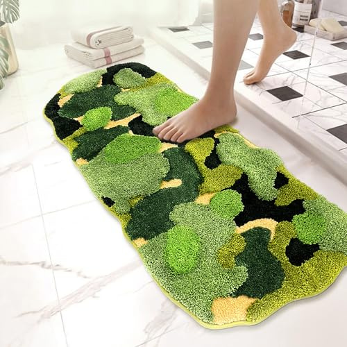 YINGSHIF 20×50 Green Bathroom Moss Runner Rugs Cute Shag Grass Carpet Leaf Long Bath Mats for Bathroom Decor Non Slip Machine Washable Aabsorbent for Bedroom,Bathtub,Living Room,Indoor