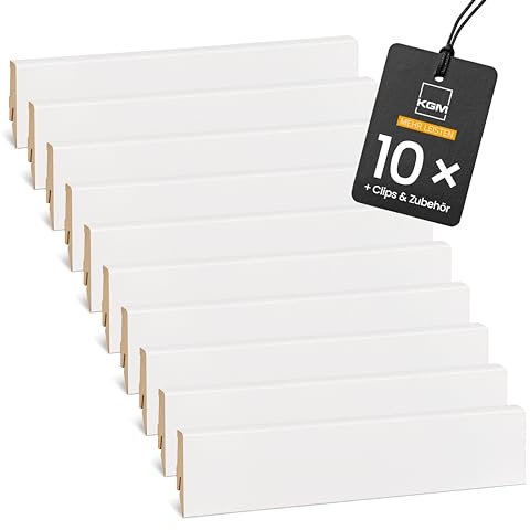 Komplett-Set 24m Sockelleiste MEGA – Weiß folierte MDF Fußleiste mit Zubehör – Maße: 2400 x 16 x 58 mm – 10 Stück