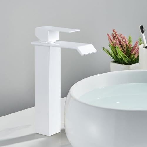 PHASAT Waschtischarmatur Hoch Wasserfall Wasserhahn Bad Weiß Einhebelmischer Mischbatterie für Waschbecken PTMP19W