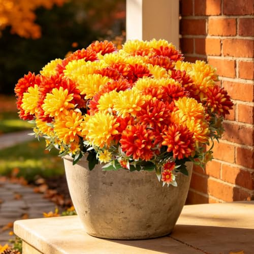 6 Pack Artificial Fake Flowers Plants for Outdoor Indoor, Look Real, UV Resistant, Yellow Faux Autumn Orange Silk Marigold Flowers Daisy Bouquet for Vase Pot Diwali Halloween Graves Porch Fall Decor