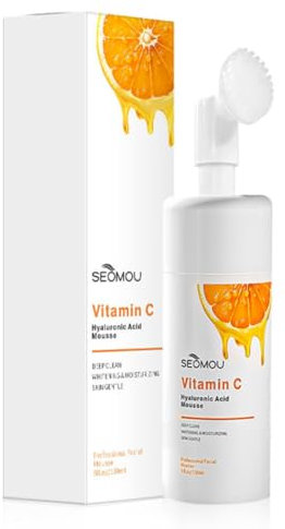 Mousse Detergente Viso con Spazzola Massaggiante in Silicone 150ml, Schiuma Struccante Viso e Occhi, Vitamina C e Acido Ialuronico, Purificante e Tonificante, Pulizia Profonda su Tutti i Tipi di Pelle