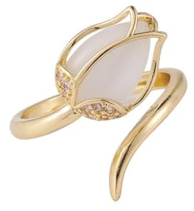 RMYSUM Opal Tulpen Blume Vergoldet Offener Ring,Blumen Schmuck,Kupfer Chalcedon Opal Ring(Verstellbarer Ring)