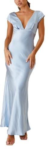 Blue,M,cffvdiz Sommarsatinklänning för kvinnor Sexig Slim Deep V Rygglös Bodycon Maxi-klänning