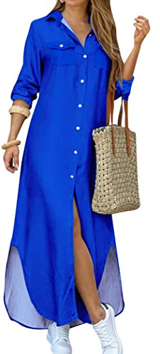 OMZIN Femmes Chemise Robes Chaîne Imprimer Manches Longues Lâche Fente Maxi Robes Bleu Royal XL