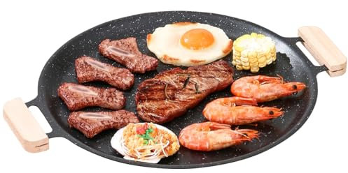 JACKANNA Korean Grill Pan, Teppanyaki Outdoor Frying Pan, Grill Pan, Premium Steel Charcoal Pan, Suitable for All Types of Grills/Oven (with Wooden Handle, 38 cm)