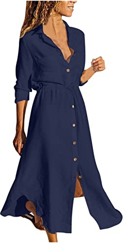 2025 Soldes Robe Chemise Longue en Lin Femme Été Robe de Travail Chic et Elegant Mi-Longue Dress pour Fêter Boheme Max Robes de Soirée Confortable léger Décontractée Femmes Robes de Plage Vacances