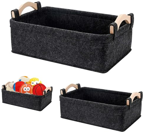 WLHFDC 3er Filzkorb Aufbewahrung,Aufbewahrungsbox Filz,Filzkorb Klein Verdickter Filzbox,Aufbewahrungskorb mit Holz Griff Filzkörbe,Faltbarer Organizer Box Aufbewahrungsboxen Filz für Regal Schränke