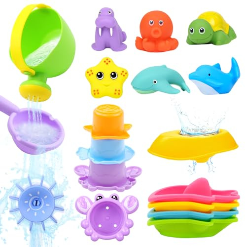 Toddler Bath Toys Age 1–4, 16PCS Water Toys Set with Watering Can, Boats, Squeeze Toys & Stacking Cups – Fun Pool Toys for Kids Boys Girls