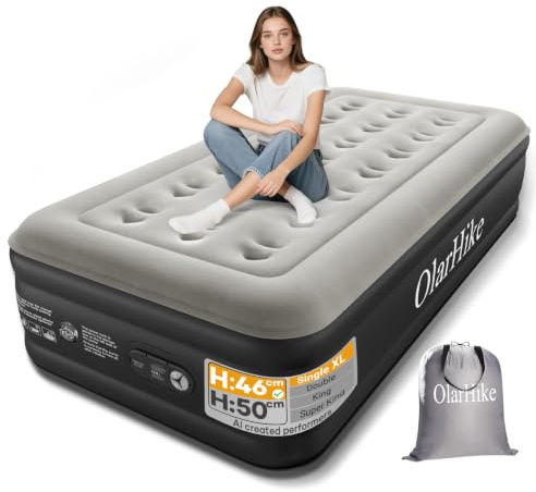OlarHike Single Airbed, Inflatable Air Mattress with Built-in Pump, Blow Up Bed, Self Inflating Folding Guest Air Bed with Flocked Surface for Camping & Home Use, 90cm W x 200cm L x 46cm H(Black)