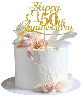 GlamRays 50th Anniversary Cake Toppers Gold Glitter, 50th Wedding Anniversary Party Decoration Ideas, Premium Quality, Sturdy Double-Sided Glitter