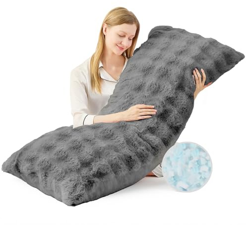 YZ HOME Faux Fur Fluffy Body Pillow for Adults - Firm Body Pillow Insert with Shredded Blue Memory Foam, Adjustable Height, Soft Support for Side Sleepers, Pregnant Women, Washable, 20x54 Inch (Grey)